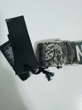 Diesel Grey Web Belt with Red & White Logo and Distressed Silver Buckle